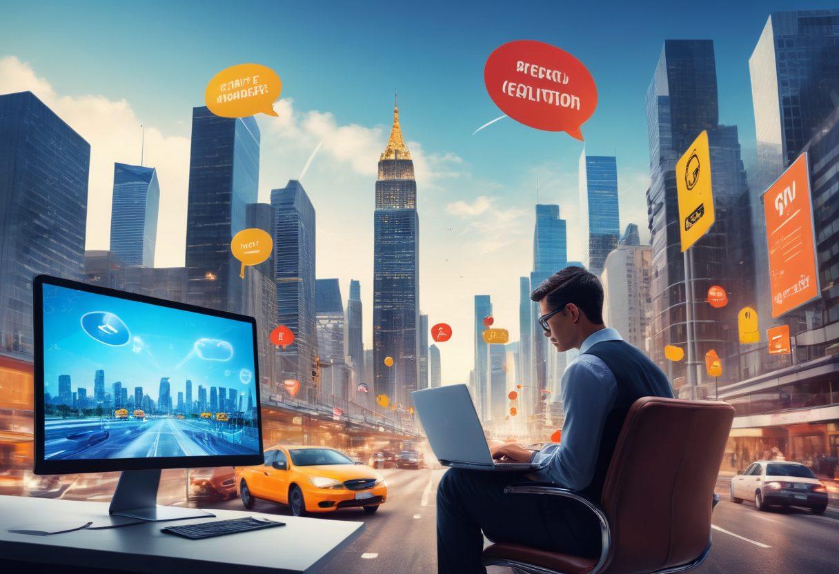 An intricate representation of a digital landscape showcasing a person resolving a traffic violation on their laptop, surrounded by symbols of justice like scales and gavel icons. Add vibrant traffic signs, online chat bubbles for customer support, and a serene city skyline in the background to depict urban life. The scene merges technology with law, emphasizing ease of online solutions. super-realistic. vibrant colors. white background.