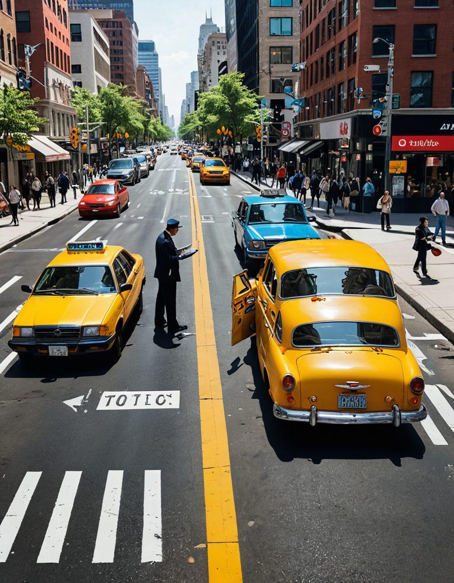 A winding city street filled with cars and traffic signals, highlighting a diverse group of pedestrians discussing traffic signs. Include a split view: one side showing a stressed driver receiving a ticket, the other depicting a calm individual reviewing a guidebook on traffic laws. The scene should capture the tension and resolution involved in traffic violations. vibrant colors. super-realistic.