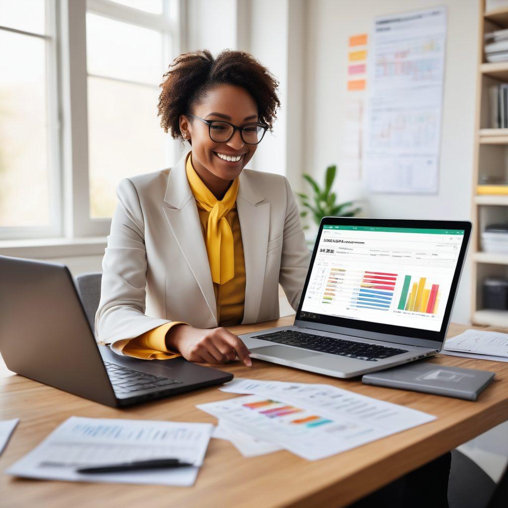 A modern digital workspace showcasing a laptop with a ticket management software open, surrounded by legal books and a notepad. A person in professional attire is reviewing tickets with a smile, highlighting efficiency. The background features a bright and cheerful office environment, symbolizing expert tips and legal resources. Include colorful charts or graphs displaying success rates. super-realistic. vibrant colors. modern design.